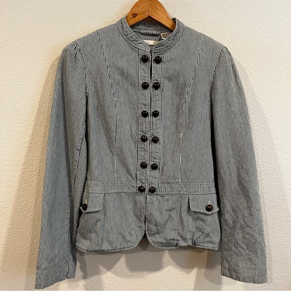 R blue and white stripe cotton denim chambray military jacket size 4